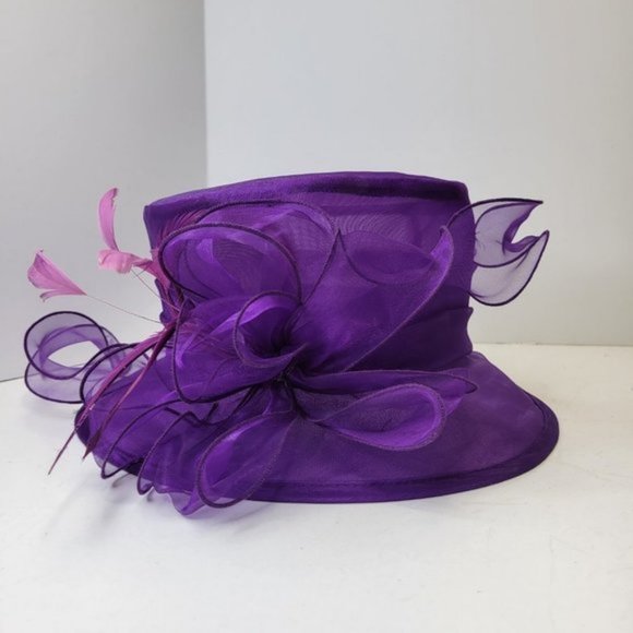 Purple Dress Hat Crushable Packable Deep Purple Satin Band and Pink Feathers - Picture 9 of 15